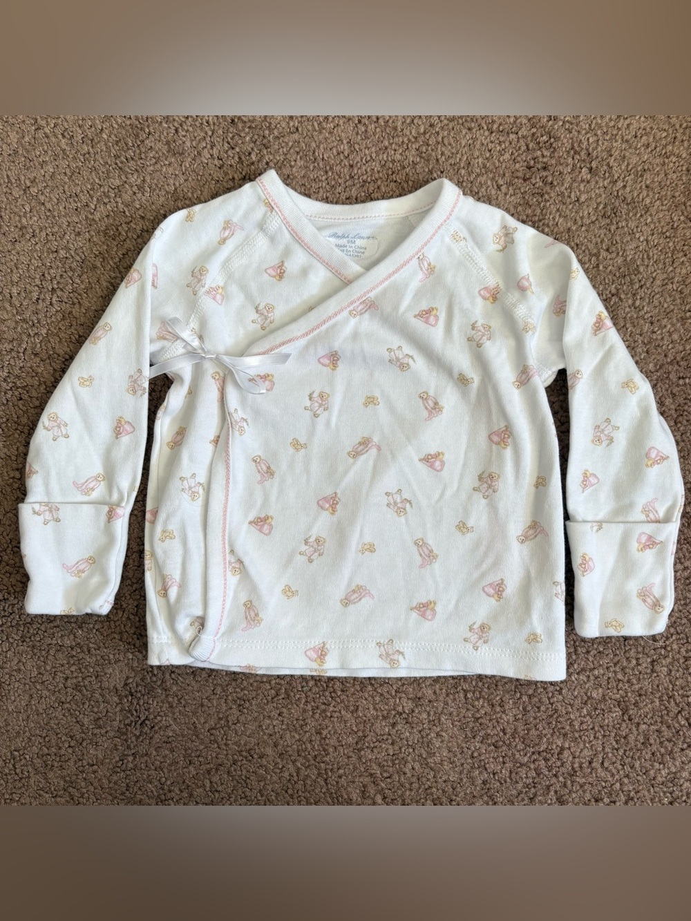 Ralph Lauren Baby Girl Wrap Top 9 months white with pink and brown bear print